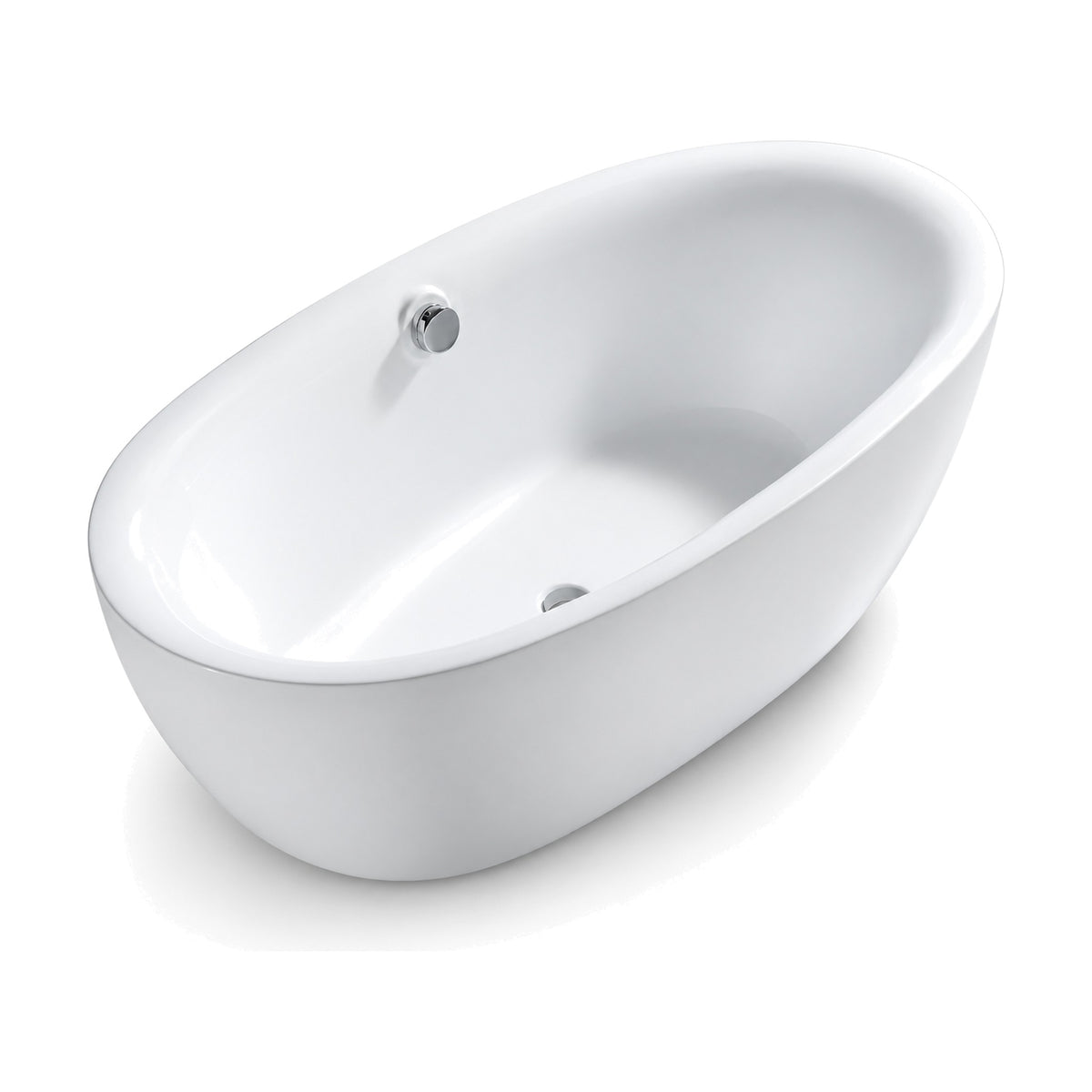 SANIKB FT042 - gloss white egg-shaped oval freestanding tub with bulging sides and a round overflow cap