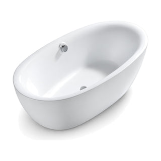 SANIKB FT042 - gloss white egg-shaped oval freestanding tub with bulging sides and a round overflow cap