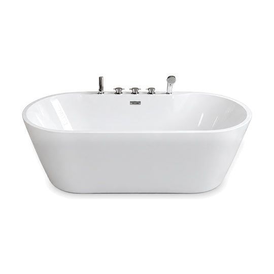SANIKB FT047/FT048 - gloss white stadium-oval freestanding tub with a five-piece faucet set on the back rim
