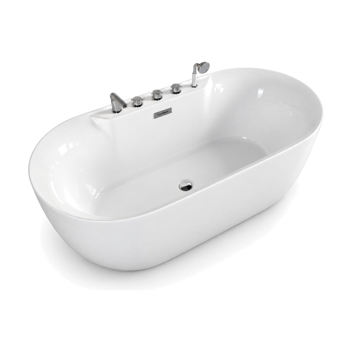 SANIKB FT051/FT052 - white oval double-ended freestanding tub with a spout, handles and hand shower on a raised side ledge