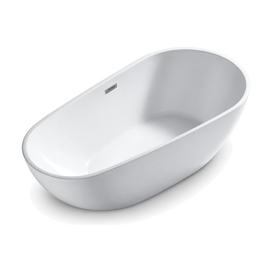 SANIKB FT059 - low white egg-shaped oval freestanding tub with a slim near-level rim and chrome overflow