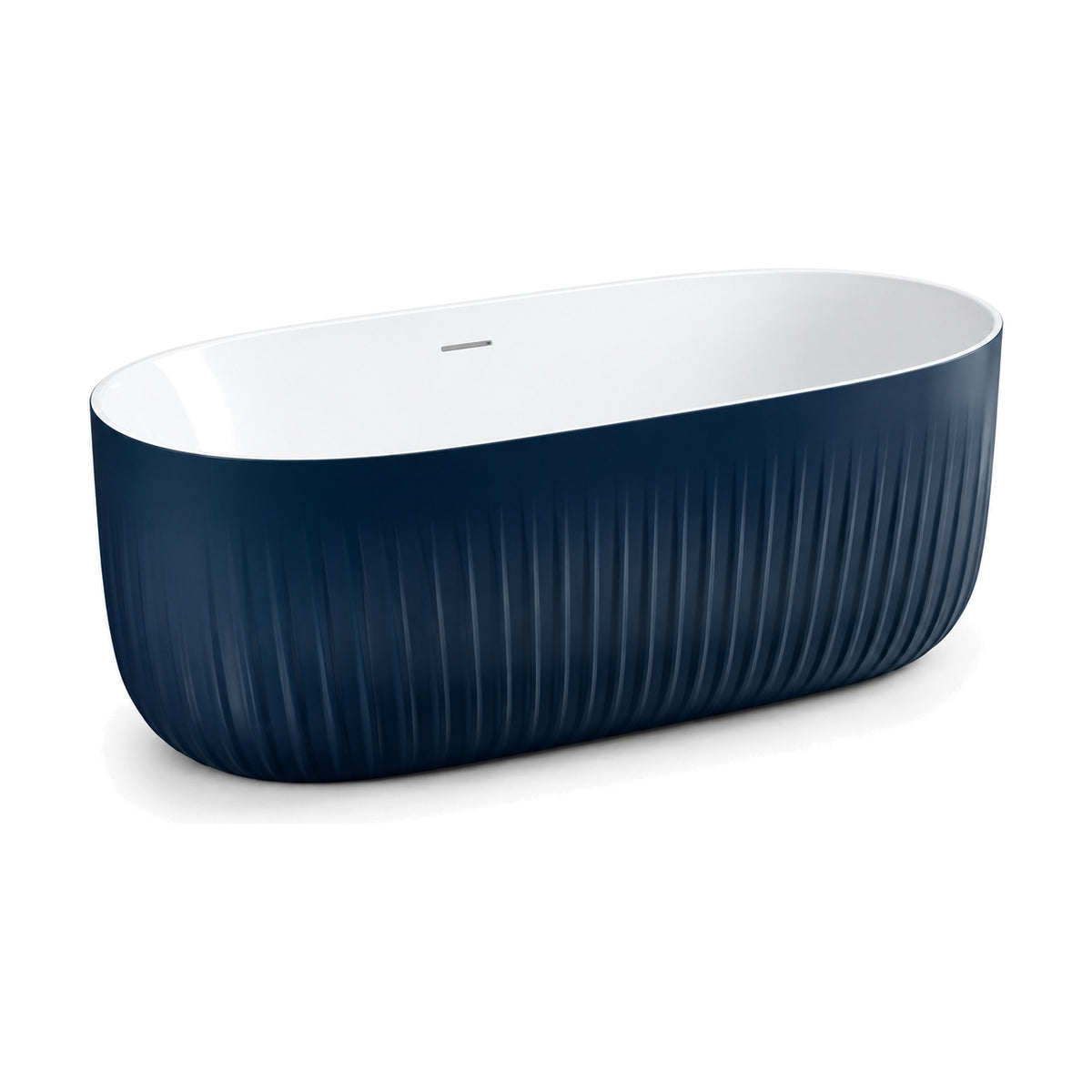 SANIKB D-8501 - matte navy fluted freestanding bathtub with a white basin and thin white rim, rounded rectangle plan