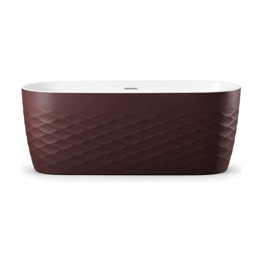 SANIKB D-8376B - matte burgundy freestanding tub with a quilted diamond relief, white basin and near-upright walls