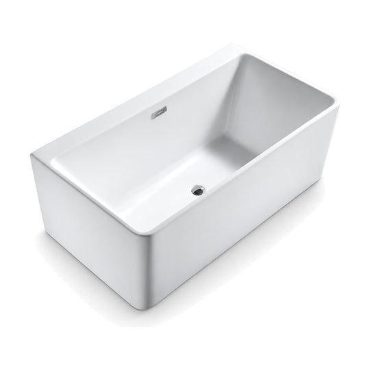 SANIKB FT027 - white rectangular freestanding tub with softly radiused corners, a wide flat deck and slot overflow