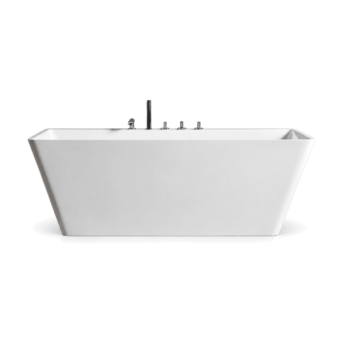 SANIKB FT086 - white rectangular freestanding tub with flared sides and a five-piece faucet set on its flat deck
