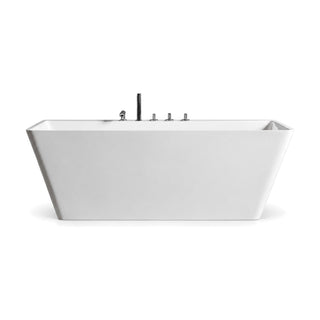 SANIKB FT086 - white rectangular freestanding tub with flared sides and a five-piece faucet set on its flat deck