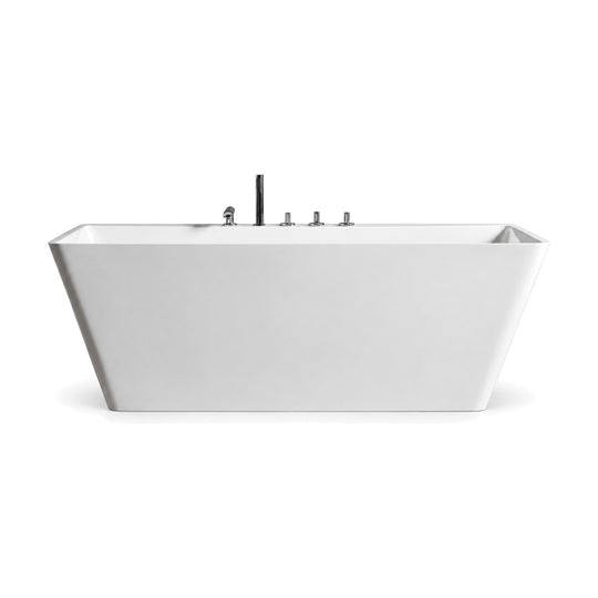 SANIKB FT086 - white rectangular freestanding tub with flared sides and a five-piece faucet set on its flat deck