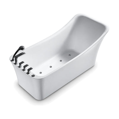 SANIKB FT022 - white freestanding whirlpool slipper tub with tall backrest, jet nozzles and rim tap set with hand shower