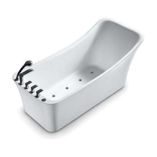 SANIKB FT022 - white freestanding whirlpool slipper tub with tall backrest, jet nozzles and rim tap set with hand shower