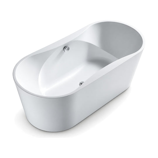 SANIKB FT035 - gloss white oval slipper freestanding tub with rim sweeping up to one raised end and sculpted interior