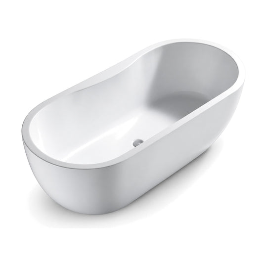 SANIKB FT043 - gloss white oval slipper freestanding tub with thin rim curving up to one raised end