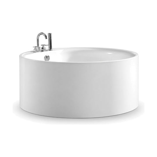 SANIKB D-8138 - white round freestanding tub with vertical walls and a slim rim widened on one side for a deck-mount faucet