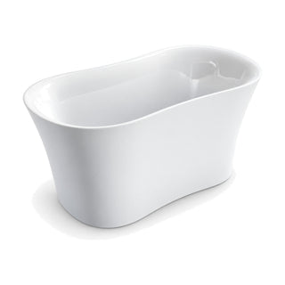 SANIKB D-8332 - glossy white compact freestanding soaking tub with a waisted plan and built-in seat at one end