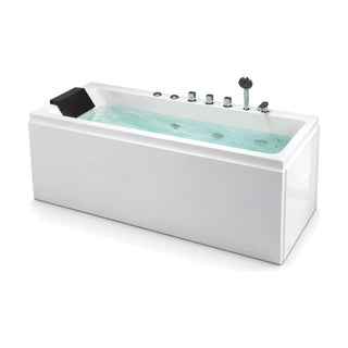 SANIKB FT072 - gloss white single-ended alcove whirlpool tub with front and end aprons, wide deck and hand shower