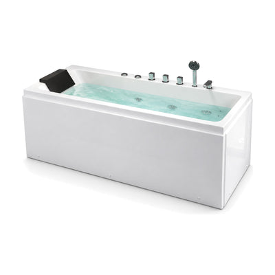 SANIKB FT072 - gloss white single-ended alcove whirlpool tub with front and end aprons, wide deck and hand shower