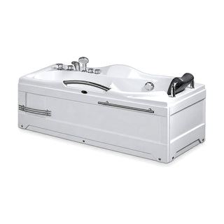 SANIKB 6111 - white rectangular alcove whirlpool bathtub with black headrest, deck faucet set and apron towel bar