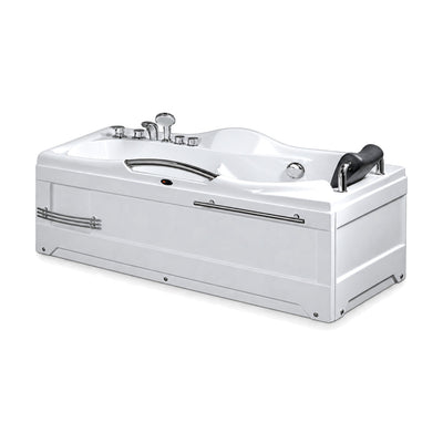 SANIKB 6111 - white rectangular alcove whirlpool bathtub with black headrest, deck faucet set and apron towel bar