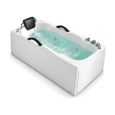 SANIKB G-908 - white skirted alcove whirlpool tub with hourglass basin, black headrest and two black grab handles