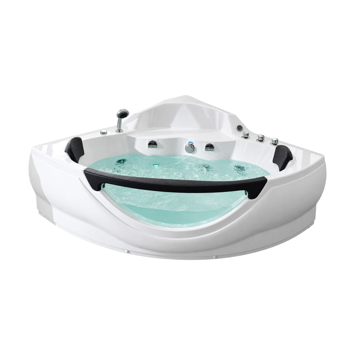 SANIKB B8007 - white two-person corner whirlpool tub with a clear curved front window, black headrests and grab rail
