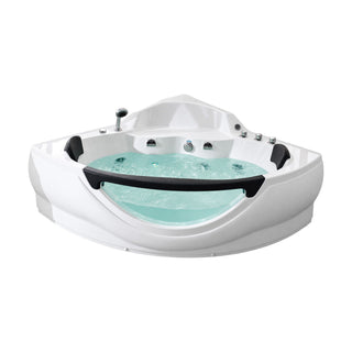 SANIKB B8007 - white two-person corner whirlpool tub with a clear curved front window, black headrests and grab rail