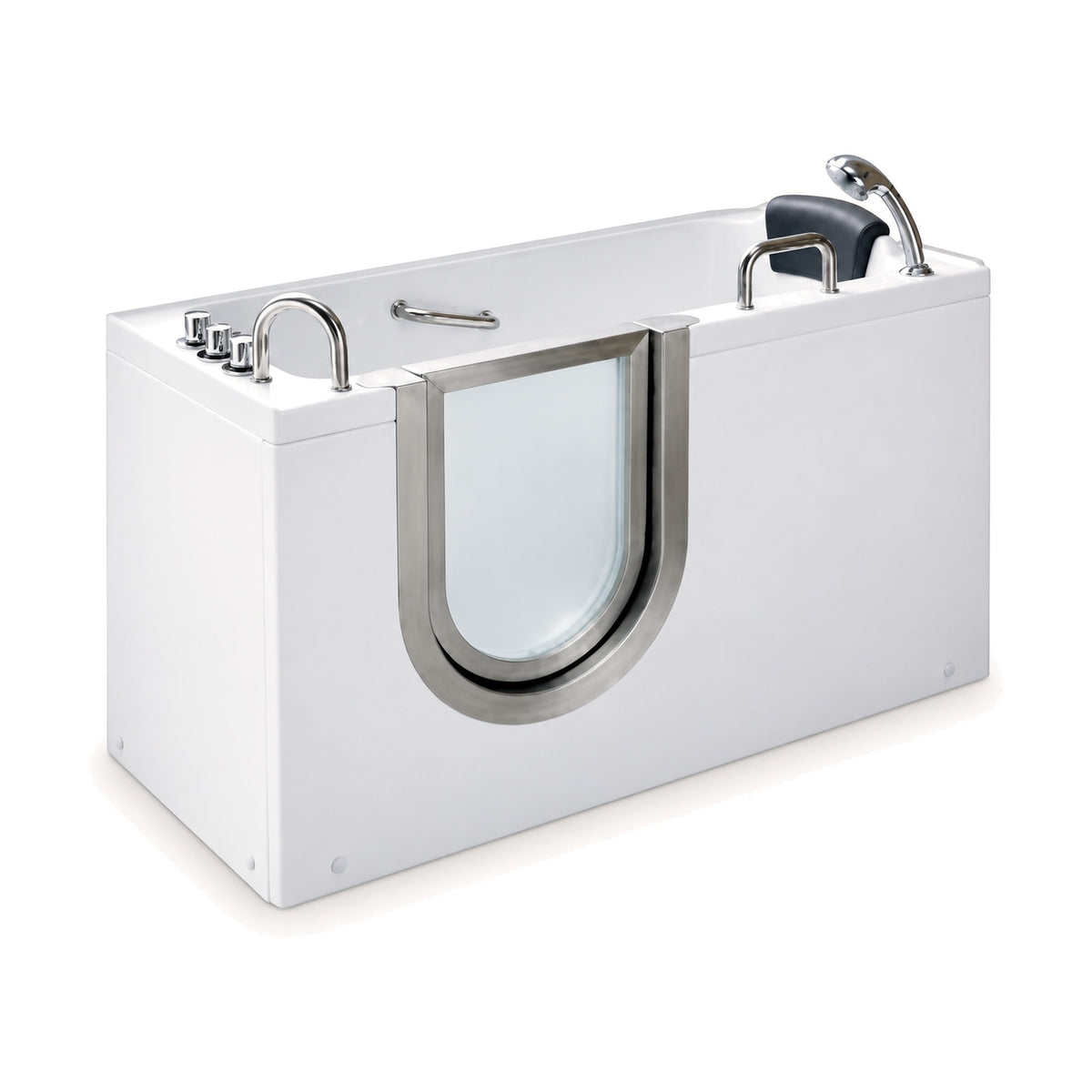 SANIKB BG-306 - narrow white walk-in whirlpool tub with glass door, grey headrest pillow and chrome grab bars