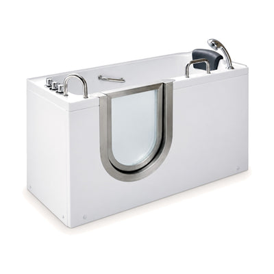 SANIKB BG-306 - narrow white walk-in whirlpool tub with glass door, grey headrest pillow and chrome grab bars