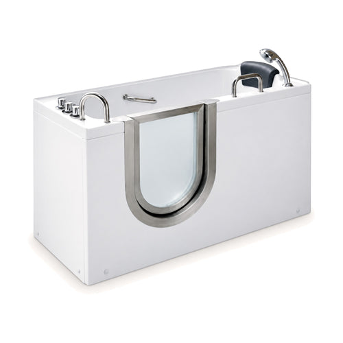 SANIKB BG-306 - narrow white walk-in whirlpool tub with glass door, grey headrest pillow and chrome grab bars