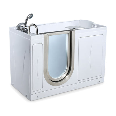 SANIKB BG-310 - gloss white walk-in whirlpool tub with U-shaped glass door, built-in seat and end-deck hand shower