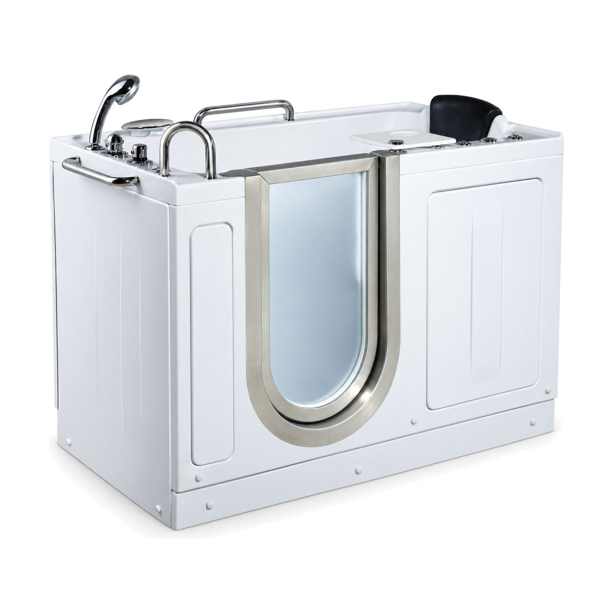 SANIKB BG-312 - gloss white walk-in whirlpool and air tub with frosted glass door, black headrest and chrome grab bars