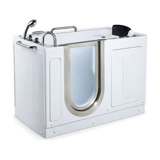 SANIKB BG-312 - gloss white walk-in whirlpool and air tub with frosted glass door, black headrest and chrome grab bars