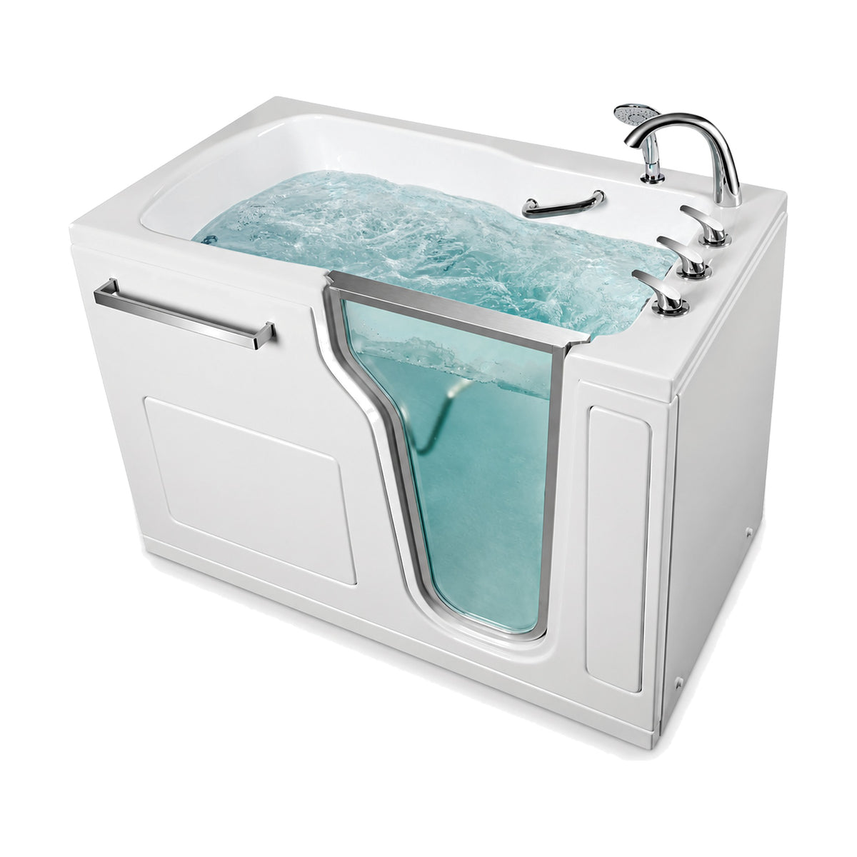 SANIKB BG327 - tall white walk-in tub with tapered chrome-framed glass door, seat, gooseneck spout and handheld shower
