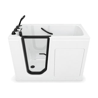 SANIKB BG329 - compact white walk-in soaking tub with black-framed glass door, seat, black grab bar and handheld shower