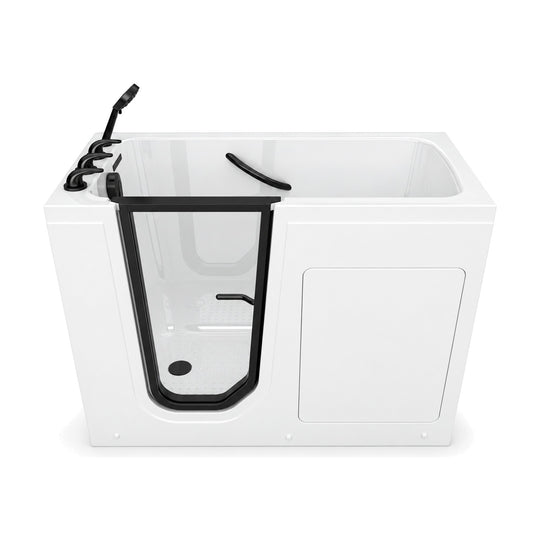 SANIKB BG329 - compact white walk-in soaking tub with black-framed glass door, seat, black grab bar and handheld shower
