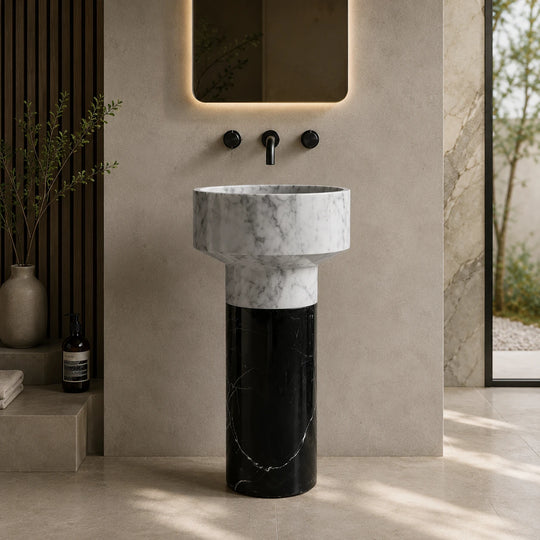 Carrara White Marble Cylindrical Pedestal Basin