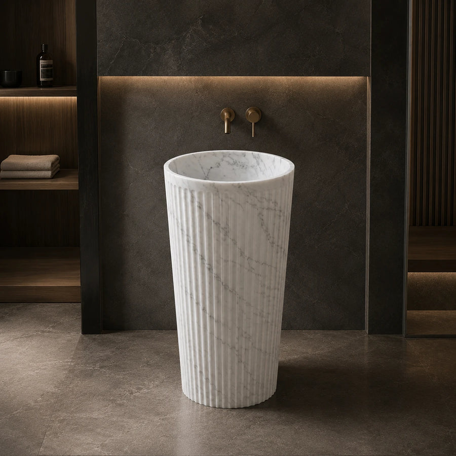 Carrara White Marble Fluted Pedestal Basin — SANIKB SP1069