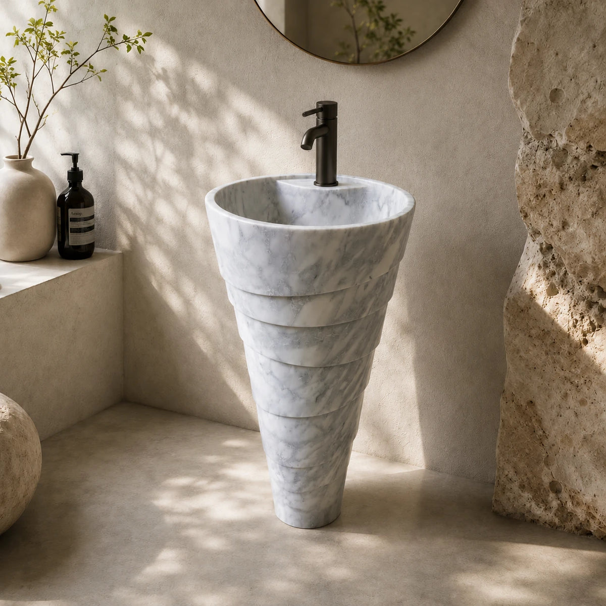 Carrara White Marble Hand-Carved Pedestal Basin
