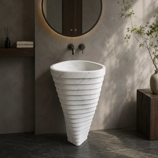 Carrara White Marble Hand-Carved Wide Pedestal Basin