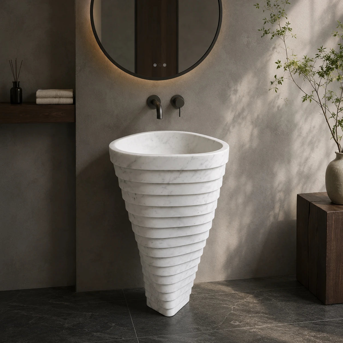 Carrara White Marble Hand-Carved Wide Pedestal Basin