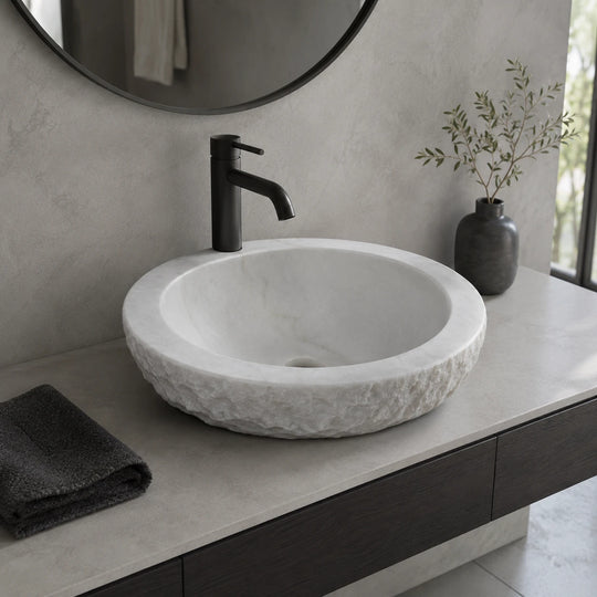 Carrara White Marble Round Vessel Basin 17.7×17.7