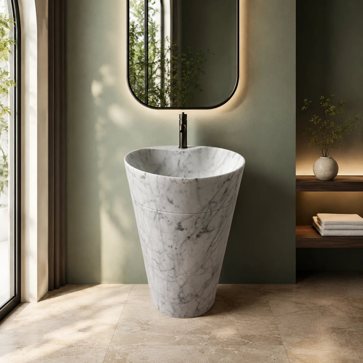 Carrara White Marble Tapered Pedestal Basin