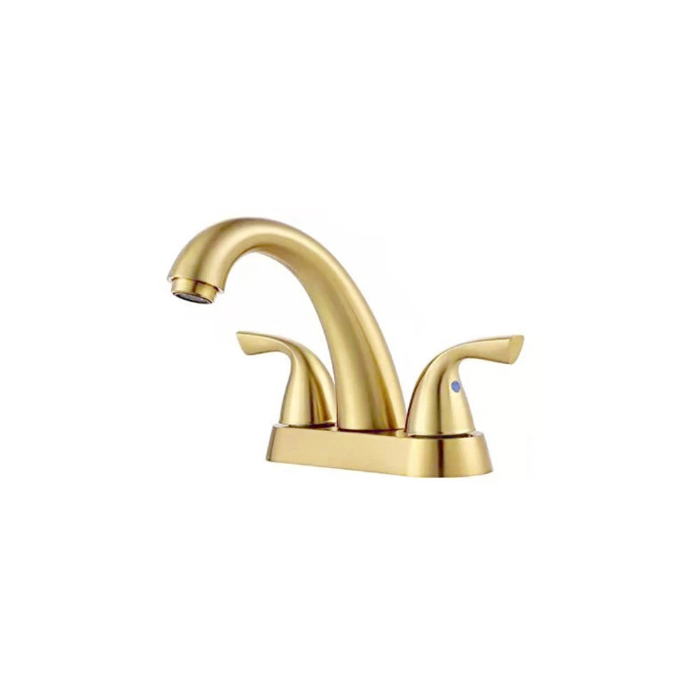 Brushed Gold 4-inch centerset bathroom basin faucet, 304 stainless steel, arched spout with two lever handles on a 4-inch base — SANIKB FYF-01069