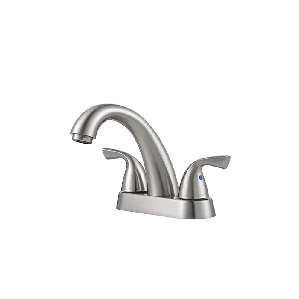 Brushed Nickel 4-inch centerset bathroom basin faucet, 304 stainless steel, arched spout with two lever handles on a 4-inch base — SANIKB FYF-01069