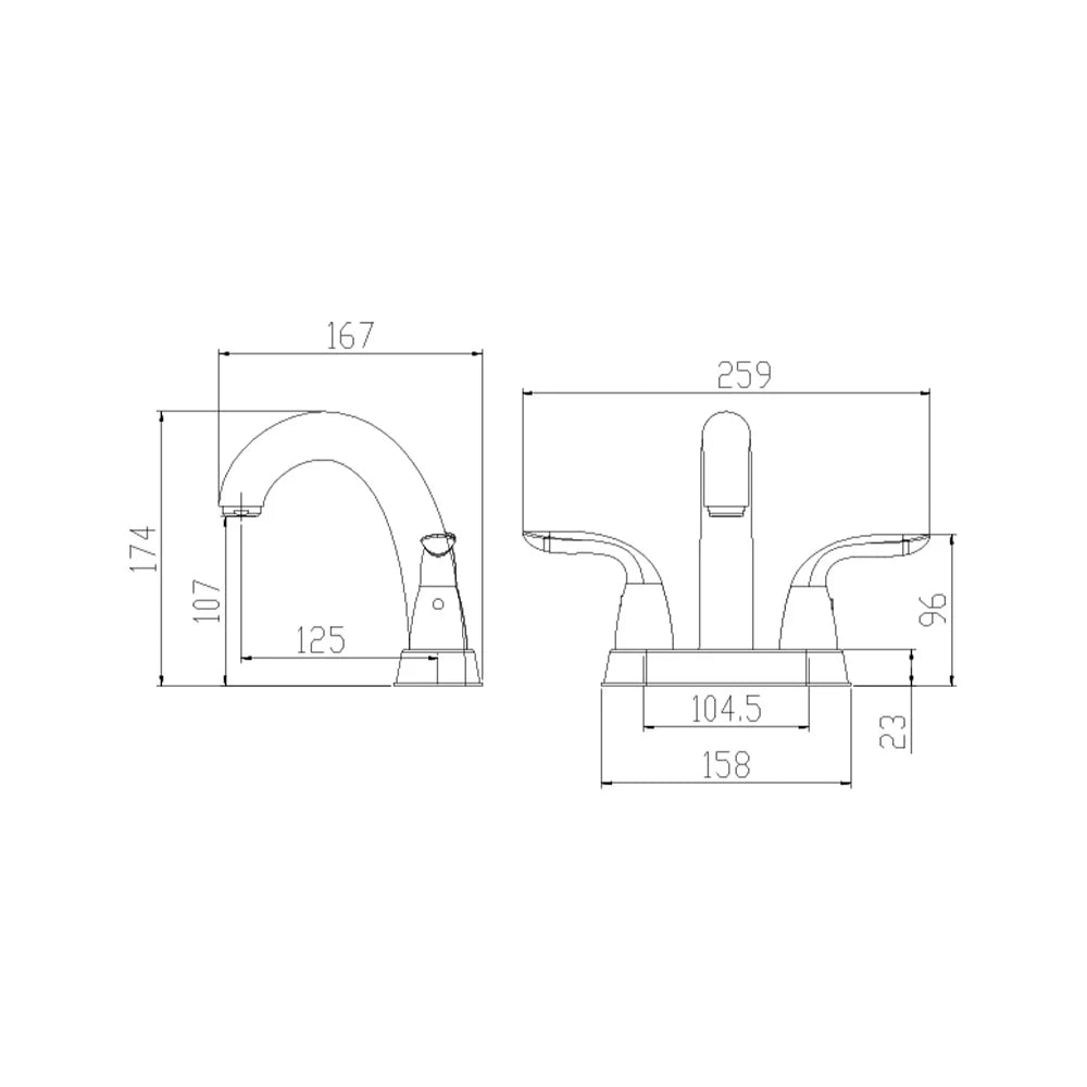 Dimensioned spec drawing for SANIKB FYF-01069 4-inch centerset bathroom basin faucet, 304 stainless steel