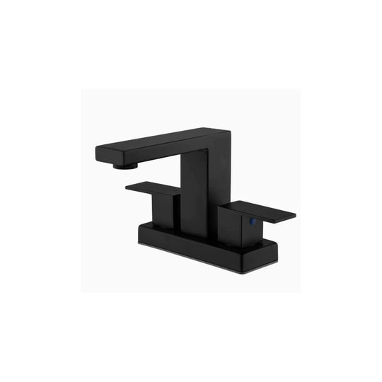 Matte Black 4-inch centerset bathroom basin faucet, 304 stainless steel, square spout with two lever handles on a 4-inch base — SANIKB FYF-01068