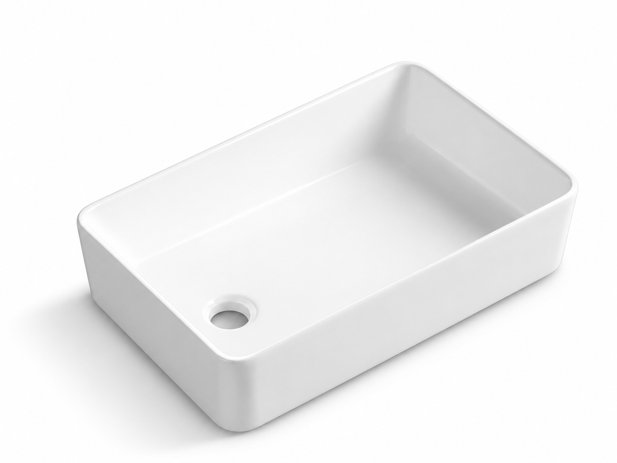 SANIKB D509 white rectangular ceramic basin with an end-offset floor opening