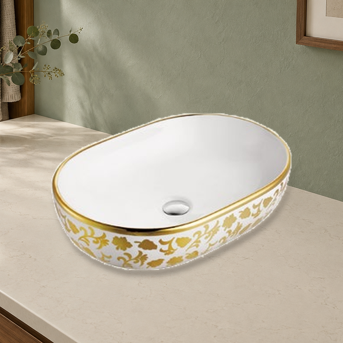 White / Gold floral pattern countertop vessel ceramic basin SHY-5006J5 scene