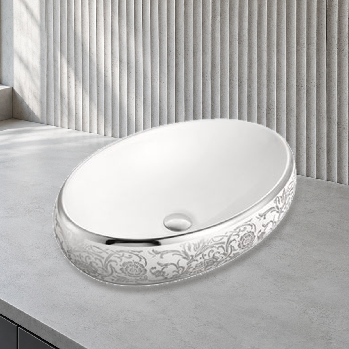 White / Silver floral pattern countertop vessel ceramic basin SHY-5038Y1 scene