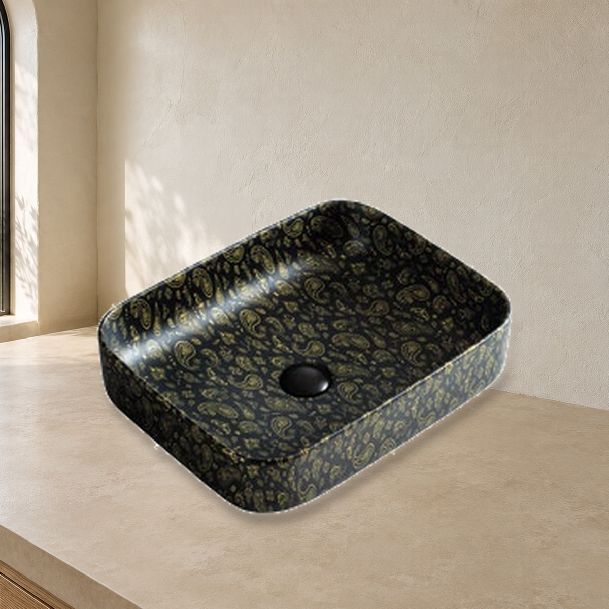 Black / Gold Scroll Pattern countertop vessel ceramic basin SHY-8024D116 scene