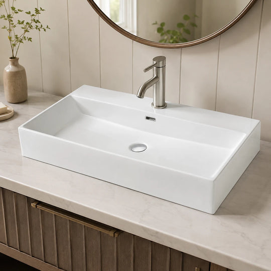 Ceramic trough vessel sink installed in a styled bathroom — lifestyle scene, SANIKB SN165.