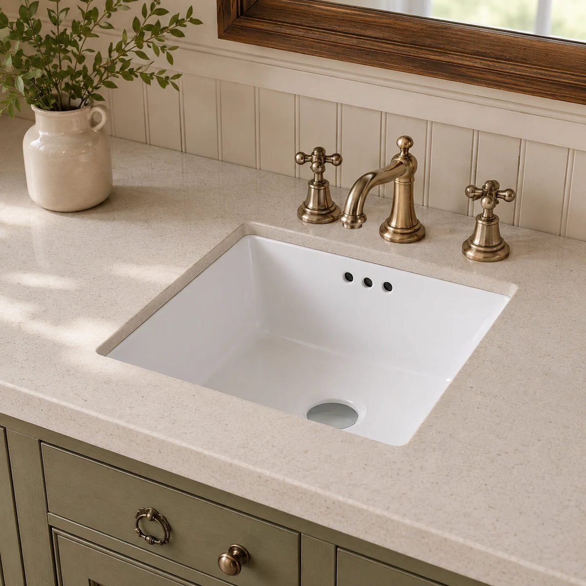 Ceramic undermount bathroom sink installed in a styled bathroom — lifestyle scene, SANIKB SN029.